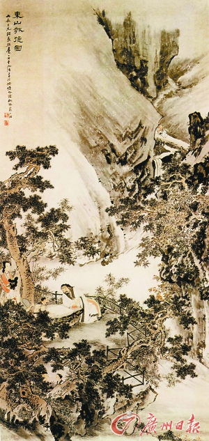 清苏六朋《东山报捷图》，描绘的是淝水之战大捷消息传来，谢安正在悠闲下棋的场景。